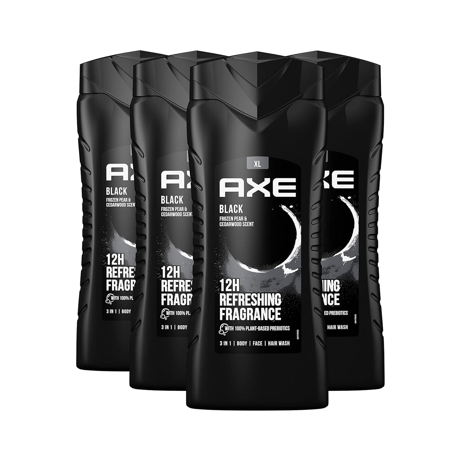 Vier schwarze Flaschen Axe Black 3-in-1 Duschgel nebeneinander, die vordere mit XL-Aufdruck