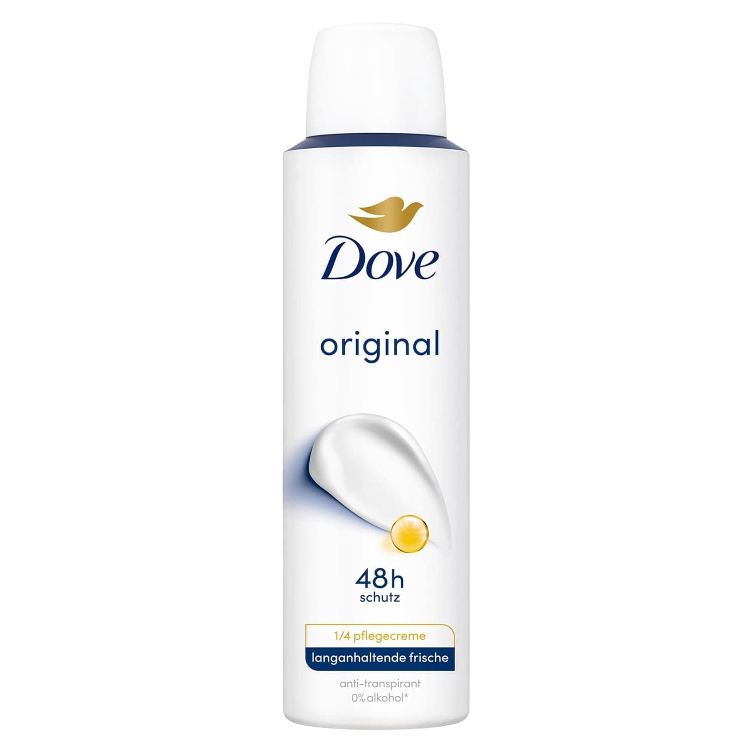 Weiße Aerosoldose mit blauer Dove-Taube, Aufschrift original, 48h Schutz, ein Viertel Pflegecreme, langanhaltende Frische, anti-transpirant und 0 Prozent Alkohol mit einem Sternchen