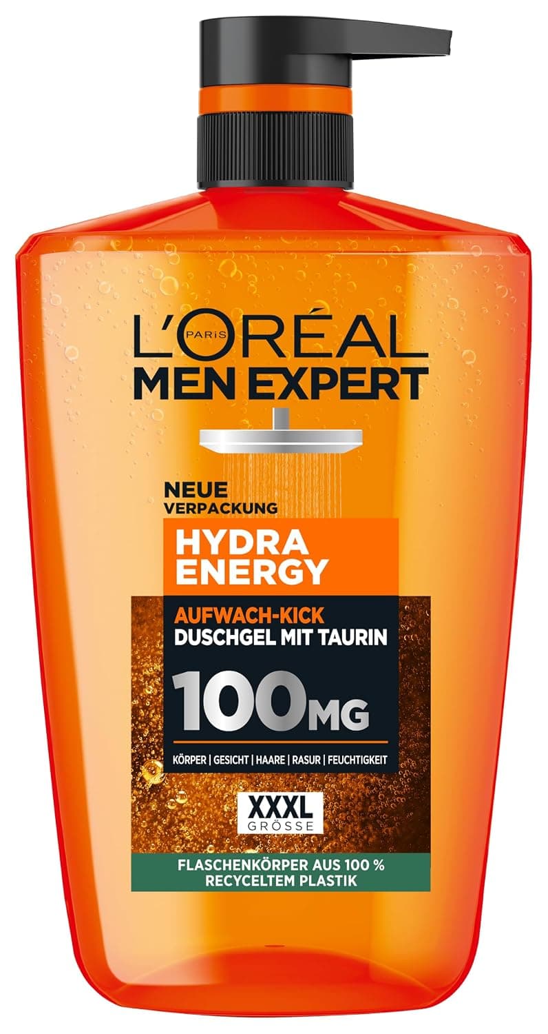Orange L'Oréal Men Expert Hydra Energy Flasche mit schwarzem Pumpspender, Aufdruck Aufwach-Kick Duschgel mit Taurin und XXXL Größe, 1 Liter
