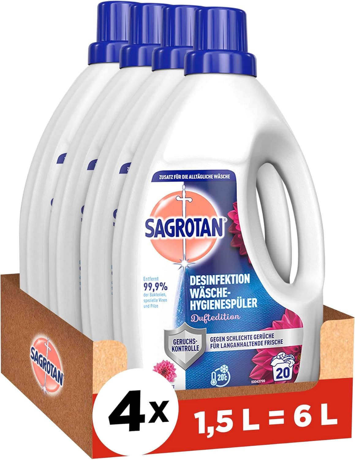 Vier weiße Sagrotan-Flaschen mit blauem Deckel und Tragegriff auf einem braunen Karton, auf dem Etikett Desinfektion Wäsche-Hygienespüler Duftedition mit rosa Blüte, davor ein rotes Band mit der Angabe 4 x 1,5 L gleich 6 L