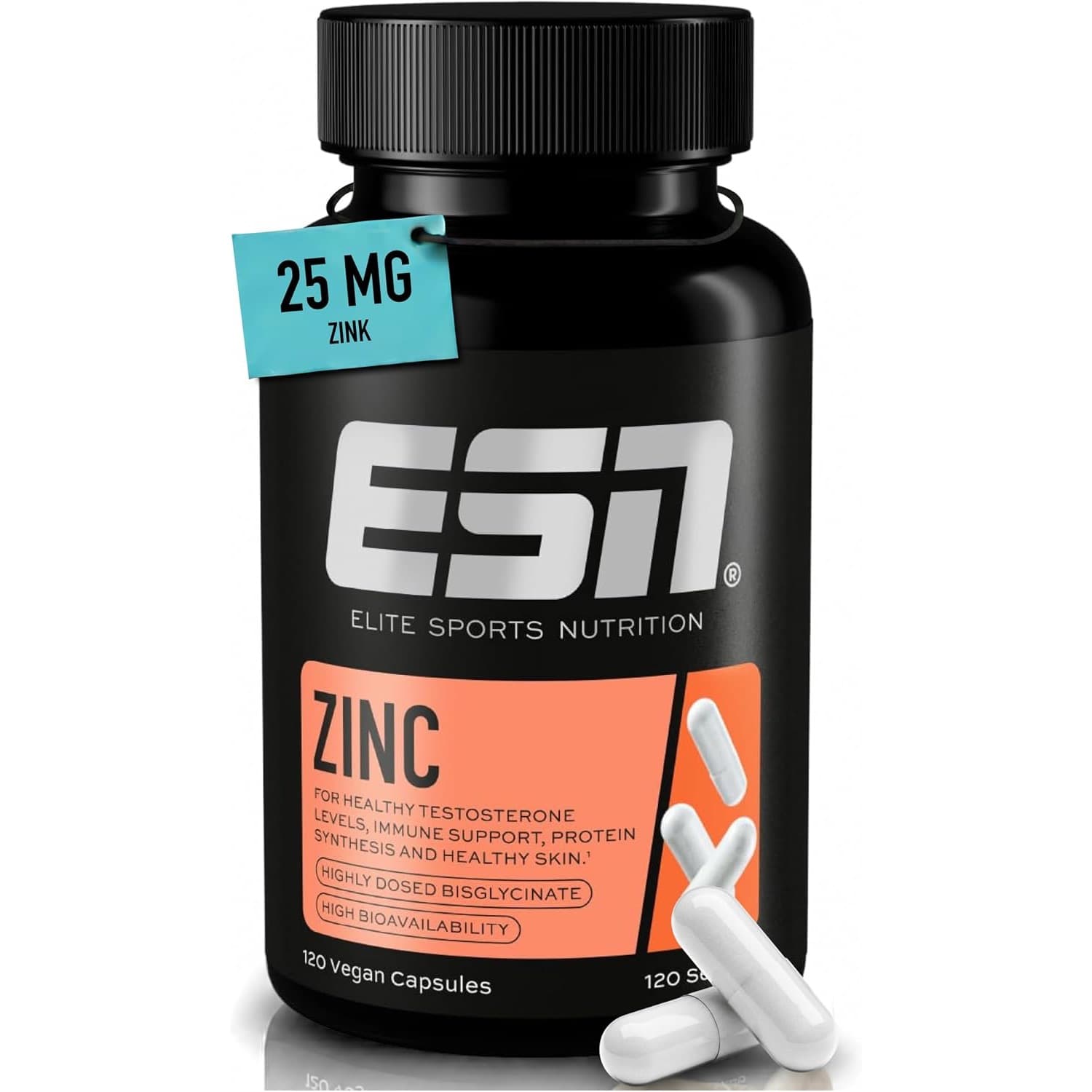 Schwarze Dose mit orangefarbenem Feld, ESN-Logo, der Aufschrift Zinc, dem Anhänger 25 mg Zink und der Angabe 120 vegan capsules, daneben zwei weiße Kapseln