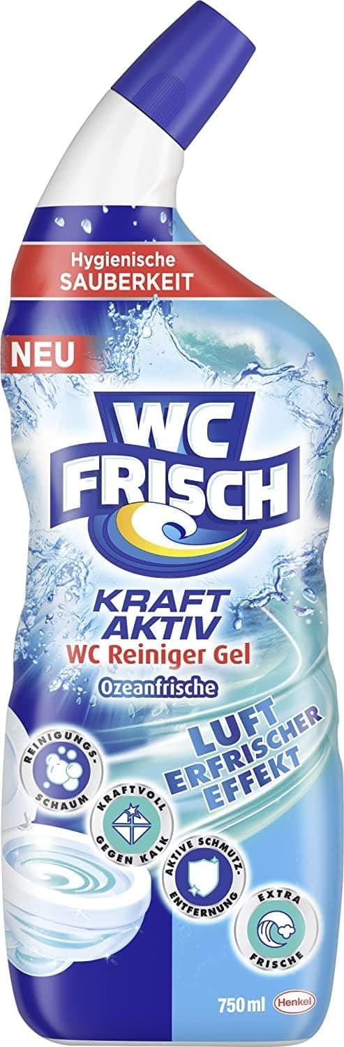 Blau-weiße Winkelflasche mit gebogenem Hals, Aufschrift WC Frisch Kraft Aktiv, WC Reiniger Gel, Ozeanfrische, hygienische Sauberkeit und 750 ml, dazu vier runde Hinweise auf Reinigungsschaum, Kraft gegen Kalk, aktive Schmutzentfernung und extra Frische