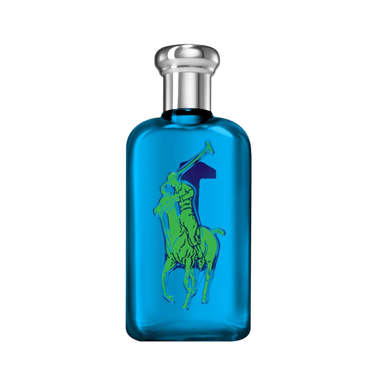 Blauer Glasflakon mit silberner Kappe und einem großen grünen Polospieler-Motiv auf der Vorderseite