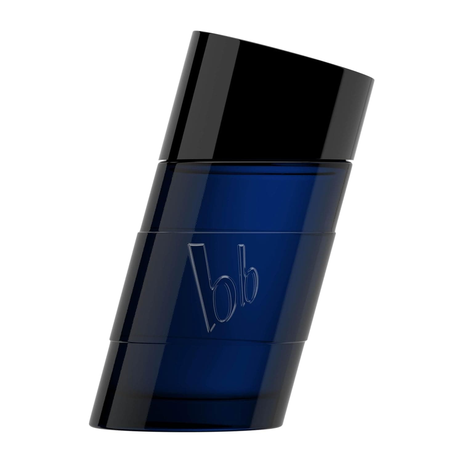 Dunkelblauer, schräg geschnittener Flakon mit schwarzer Kappe und eingeprägtem bb-Monogramm