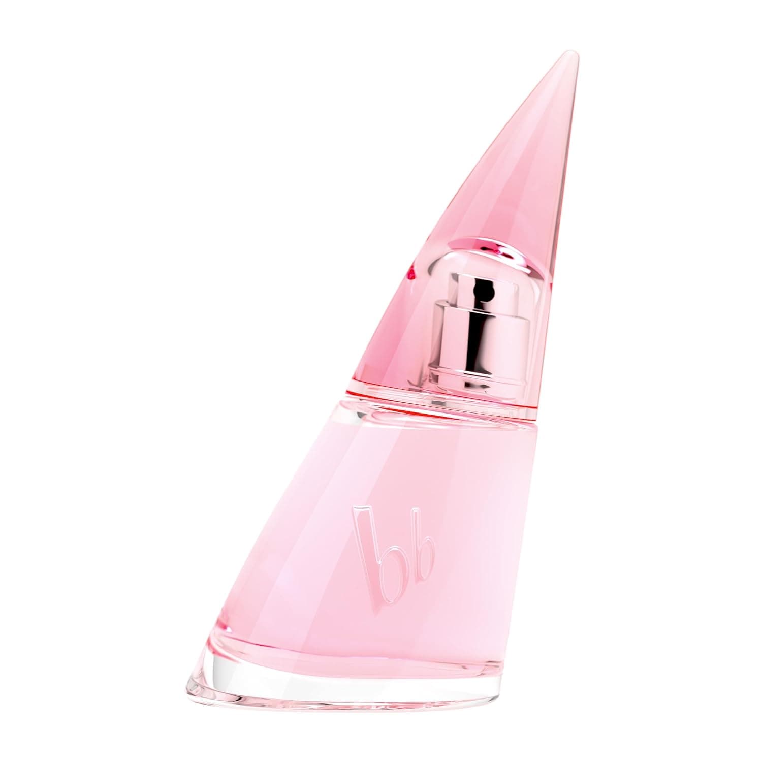 Pinkfarbener Flakon des bruno banani Woman mit spitz zulaufender Kappe, Zerstäuber und eingeprägtem bb-Monogramm