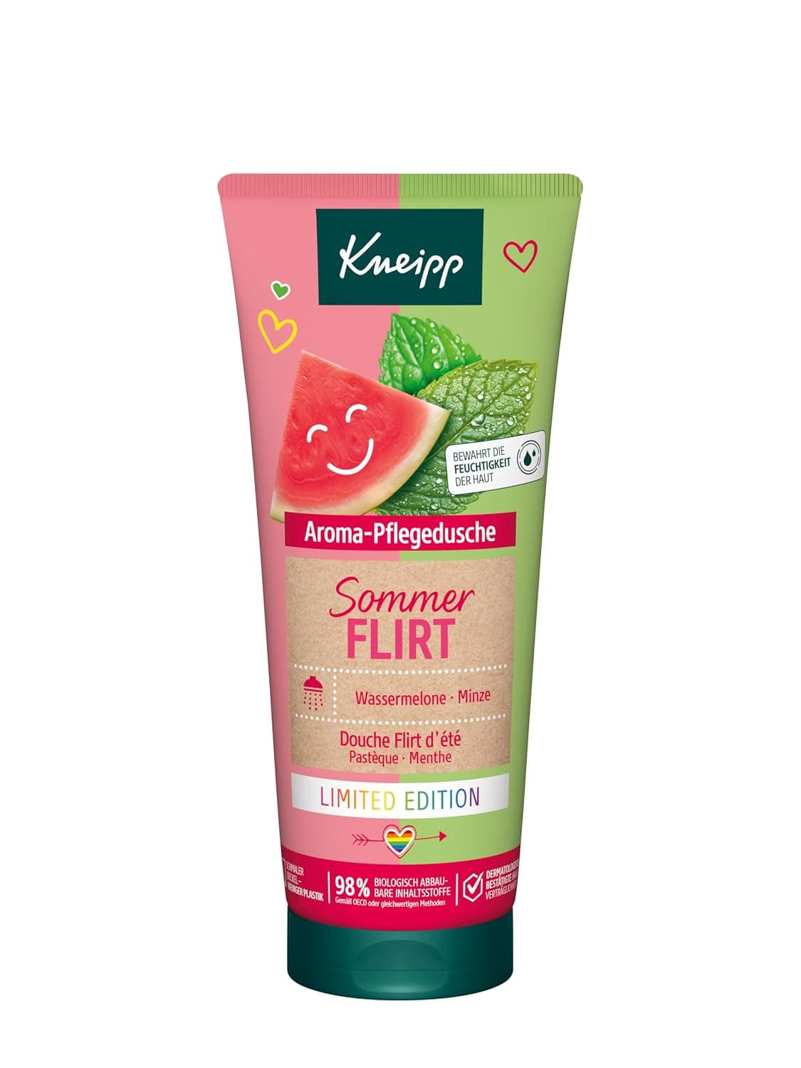 Rosa-grüne Duschgel-Tube von Kneipp mit einem lachenden Wassermelonenstück und Minzblättern, Aufschrift Aroma-Pflegedusche Sommerflirt, Wassermelone und Minze, Limited Edition, dazu die Angaben 98 Prozent biologisch abbaubare Inhaltsstoffe und dermatologisch bestätigte Verträglichkeit