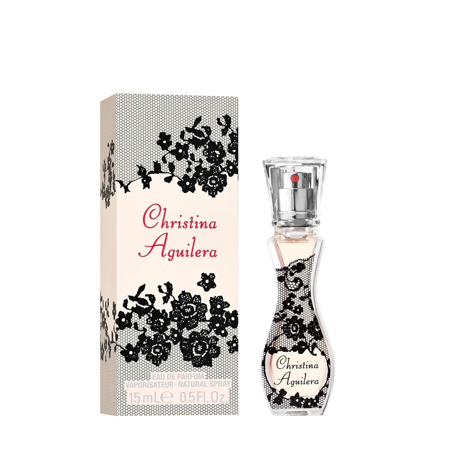 Verpackung und Flakon des Christina Aguilera Signature Eau de Parfum, cremefarben mit schwarzem Spitzenmuster, tailliert geformte Flasche