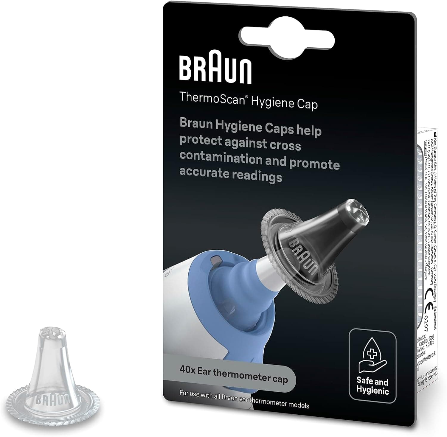 Schwarze Braun-Packung mit der Aufschrift ThermoScan Hygiene Cap und der Abbildung eines Ohrthermometers mit aufgesetzter durchsichtiger Kappe, davor eine einzelne Kappe aus klarem Kunststoff mit geriffeltem Rand