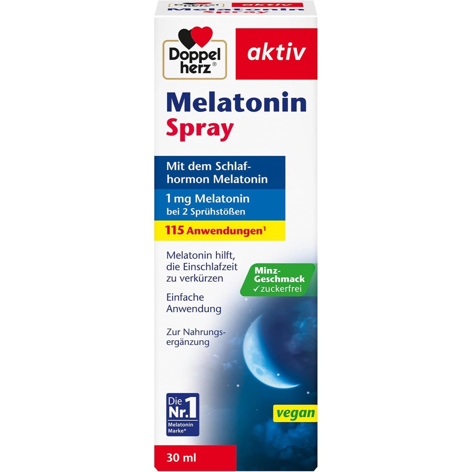 Weiße Faltschachtel mit blauen und roten Feldern, Aufschrift Doppelherz aktiv Melatonin Spray, 1 mg Melatonin bei 2 Sprühstößen, 115 Anwendungen, Minz-Geschmack, vegan und 30 ml