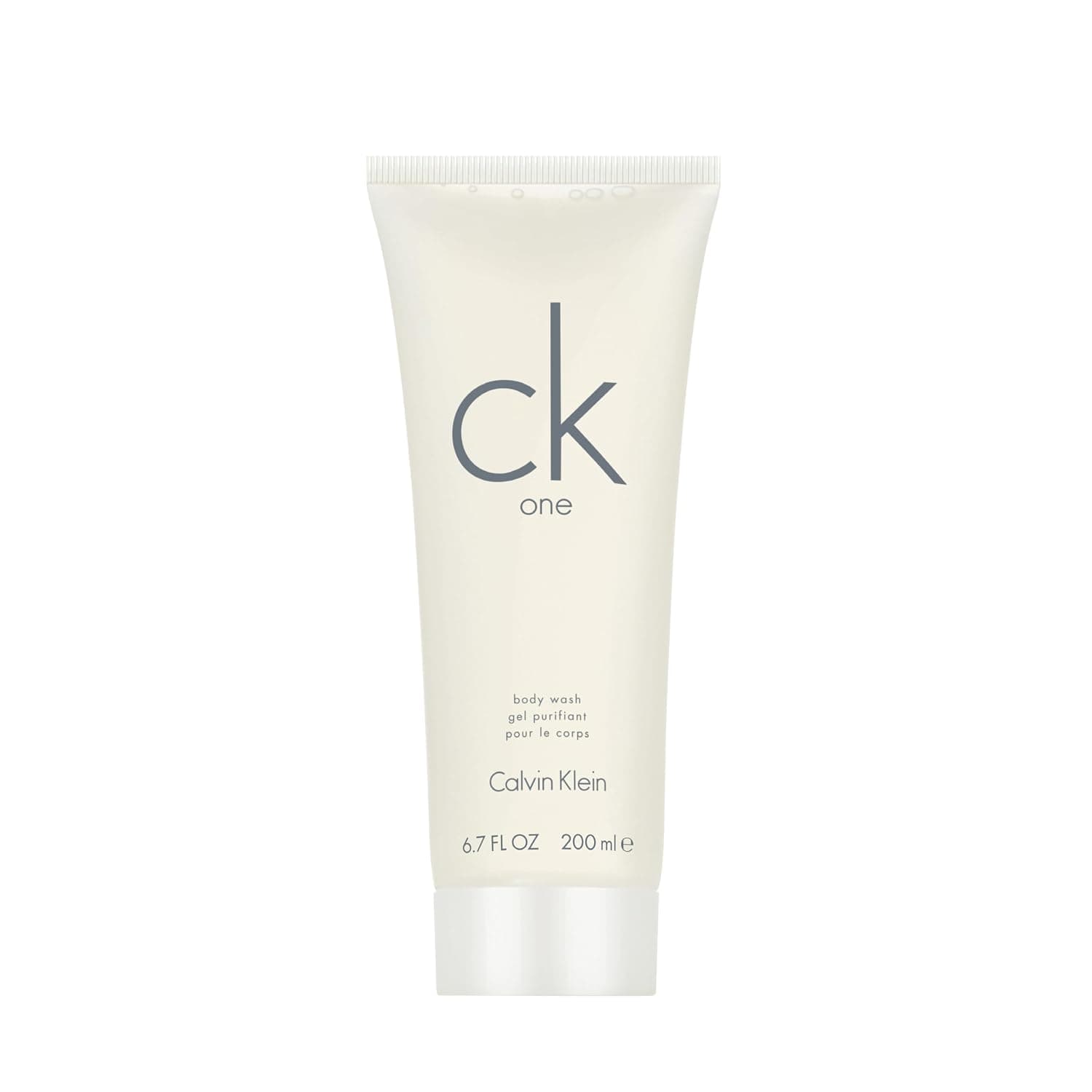 Cremeweiße Kunststofftube mit weißer Klappkappe, Aufschrift ck one, body wash, gel purifiant pour le corps, Calvin Klein und 200 ml
