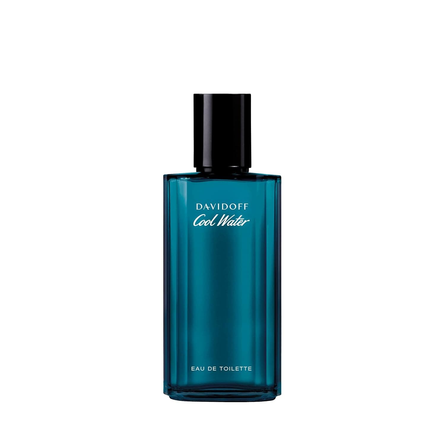 Türkisfarbener Glasflakon des Davidoff Cool Water Eau de Toilette mit schwarzem Verschluss, 75 Milliliter