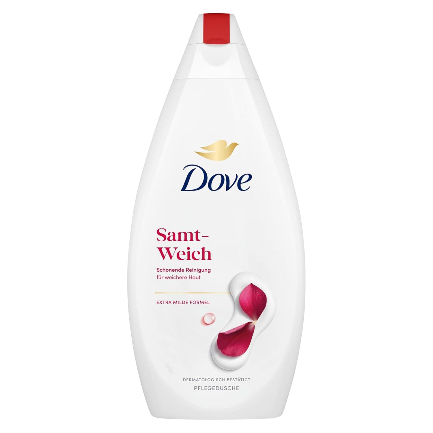 Weiße tropfenförmige Dove Flasche Samt-Weich mit roter Kappe, goldener Taube und einem roten Blütenblatt auf dem Etikett