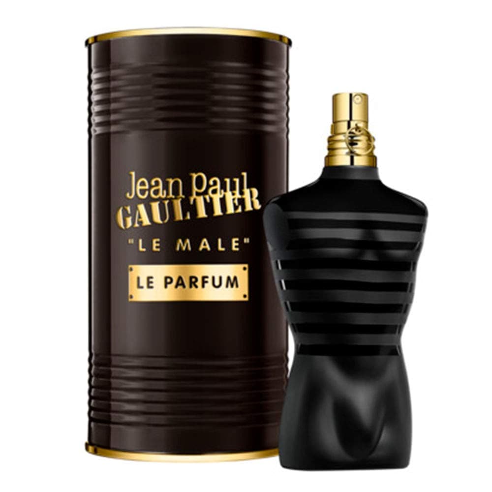 Schwarzer Flakon in Torsoform mit Streifenrelief und goldener Kappe, daneben die braune Dose mit goldenem Schriftzug Jean Paul Gaultier Le Male Le Parfum