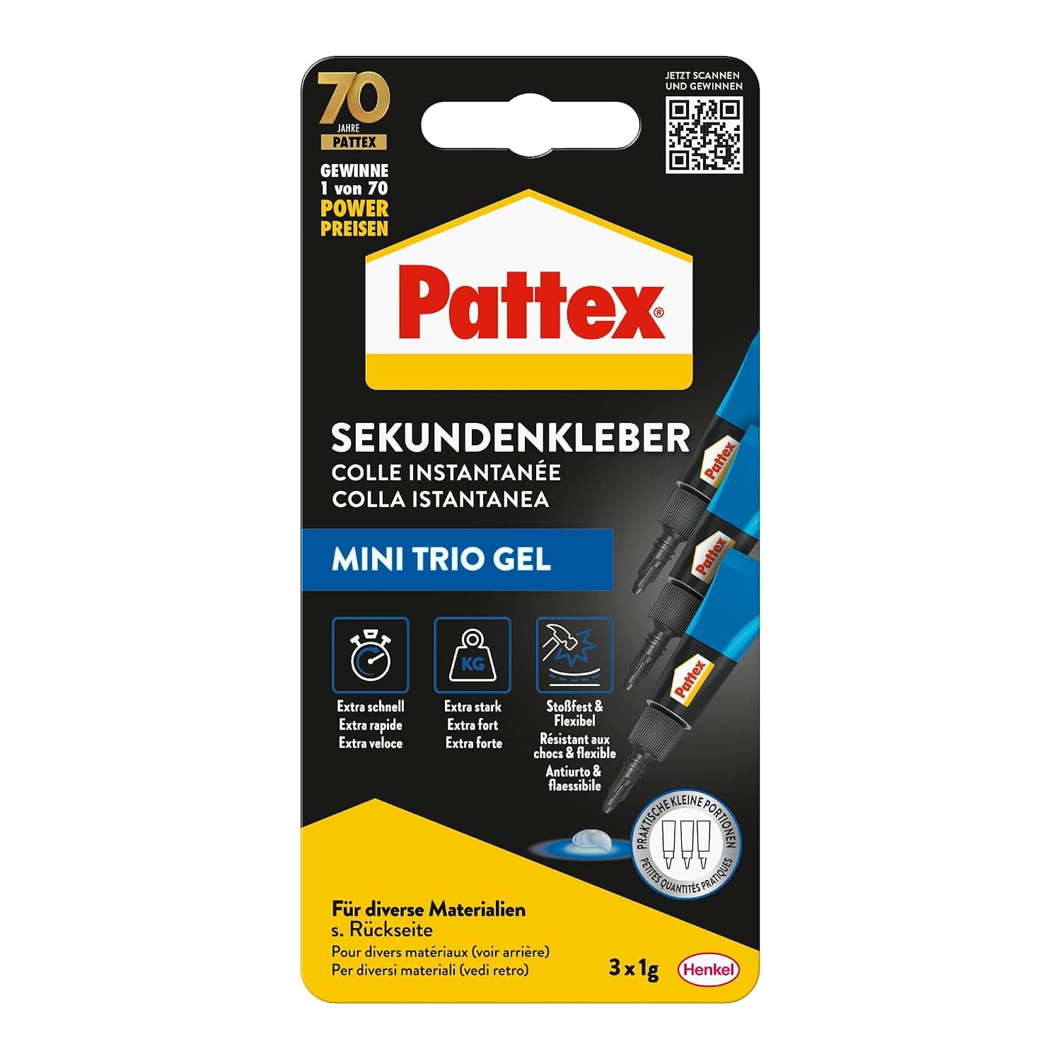 Schwarz-gelbe Blisterkarte mit rotem Pattex Schriftzug, darunter die Aufschrift Sekundenkleber und Mini Trio Gel, rechts drei schmale blau-schwarze Tuben mit dunkler Spitze, unten rechts die Angabe 3 x 1 g
