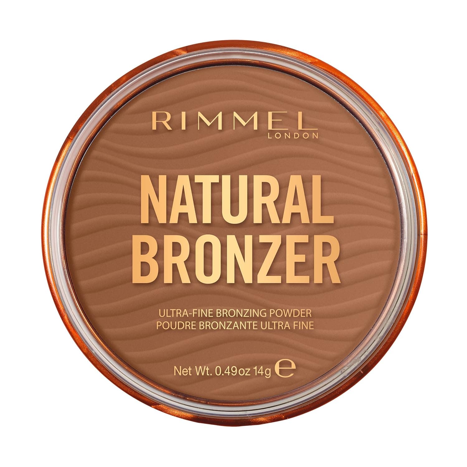 Runde Kompaktdose mit kupferfarbenem Rand und gewelltem braunem Puder, darauf in Gold die Schriftzüge Rimmel London, Natural Bronzer, Ultra-Fine Bronzing Powder und die Angabe 14 g