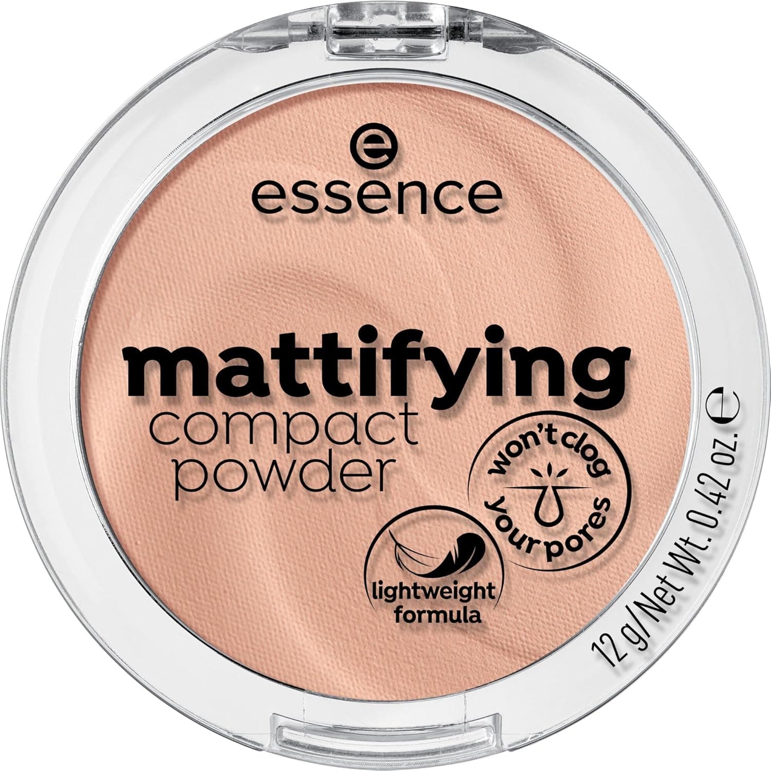 Geöffnete essence Kompaktpuder-Dose mit beigefarbenem Puder und durchsichtigem Deckel