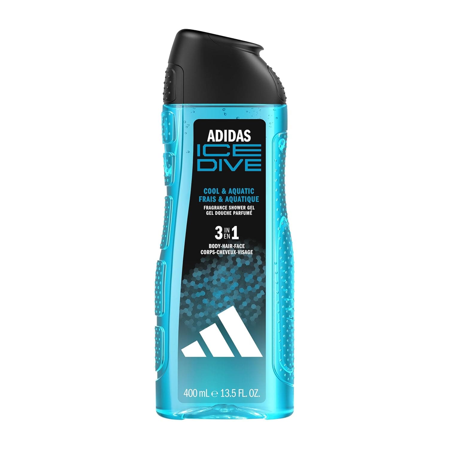 Hellblaue adidas Ice Dive Flasche mit schwarzem Klappdeckel, Aufdruck 3 in 1 für Körper, Haar und Gesicht, 400 Milliliter