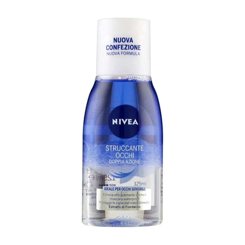 Blaue Kunststoffflasche mit weißem Deckel und zwei Phasen, oben blau und unten klar, italienische Aufschrift Nivea Struccante Occhi Doppia Azione, Nuova Confezione, Nuova Formula und 125 ml