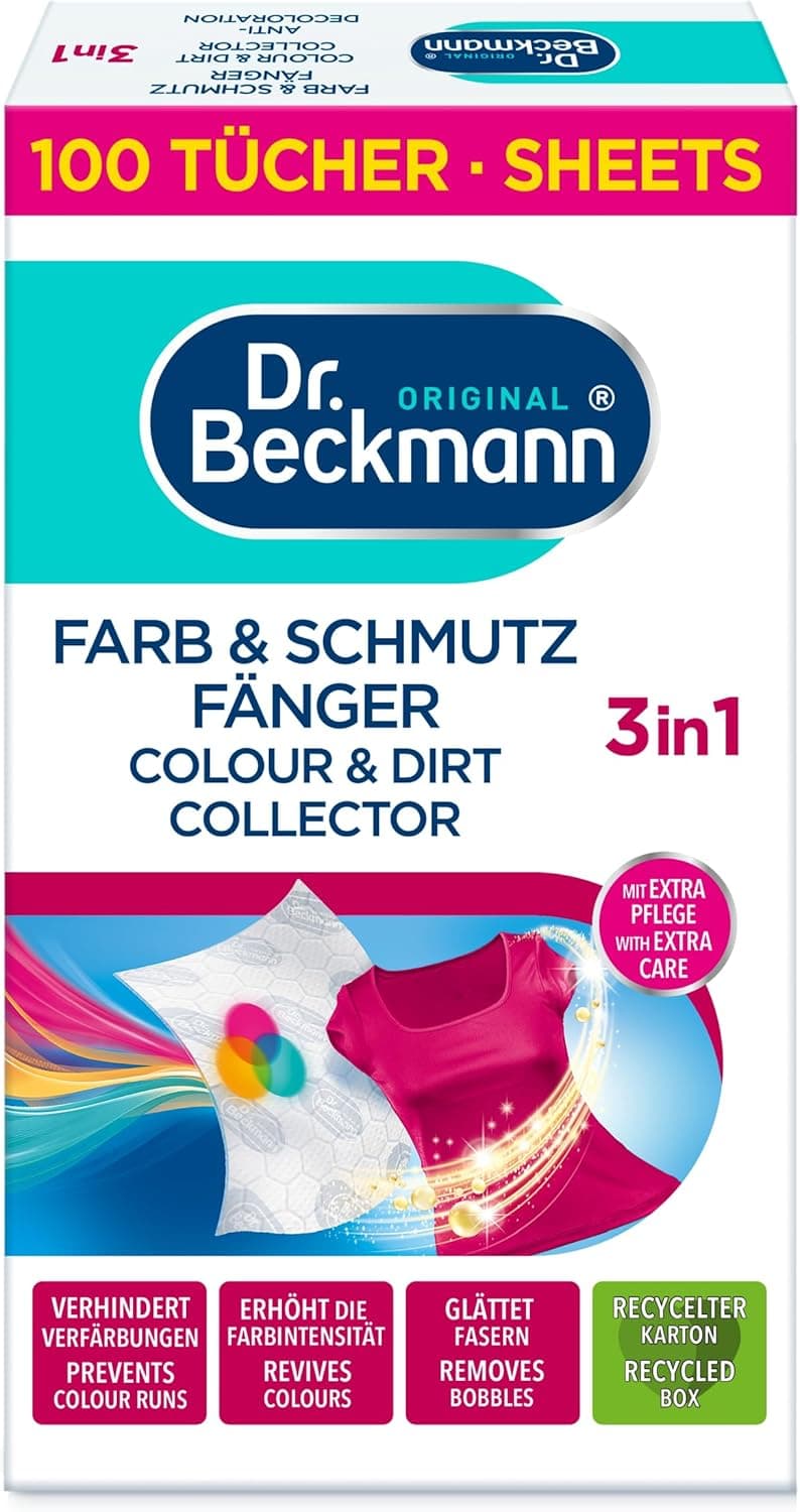 Hochkant stehende Faltschachtel des Dr. Beckmann Farb- und Schmutzfängers mit pinkem Balken und der gelben Aufschrift 100 Tücher, darunter das dunkelblaue Markenoval und die Abbildung eines weißen Tuchs neben einem pinken Oberteil