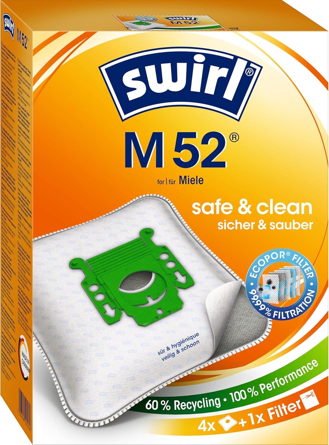 Orange-weiße Verpackung mit dem Swirl-Logo und der großen Bezeichnung M 52 für Miele, darunter abgebildet ein weißer Staubsaugerbeutel mit grünem Kunststoffhalter, am unteren Rand der Packung die Angabe 4 Beutel und 1 Filter