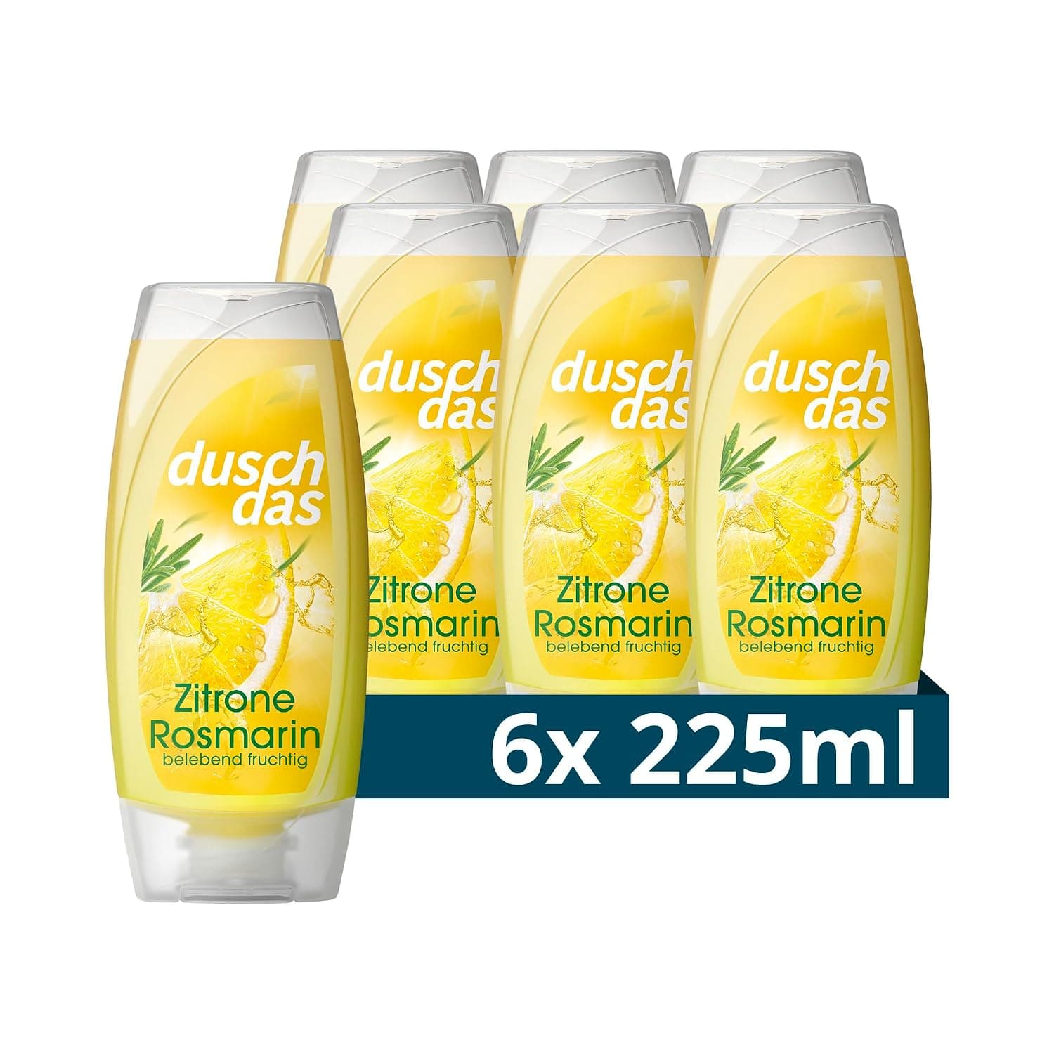 Sechs gelbe Flaschen Duschdas Duschgel Zitrone Rosmarin, eine davon vorn stehend