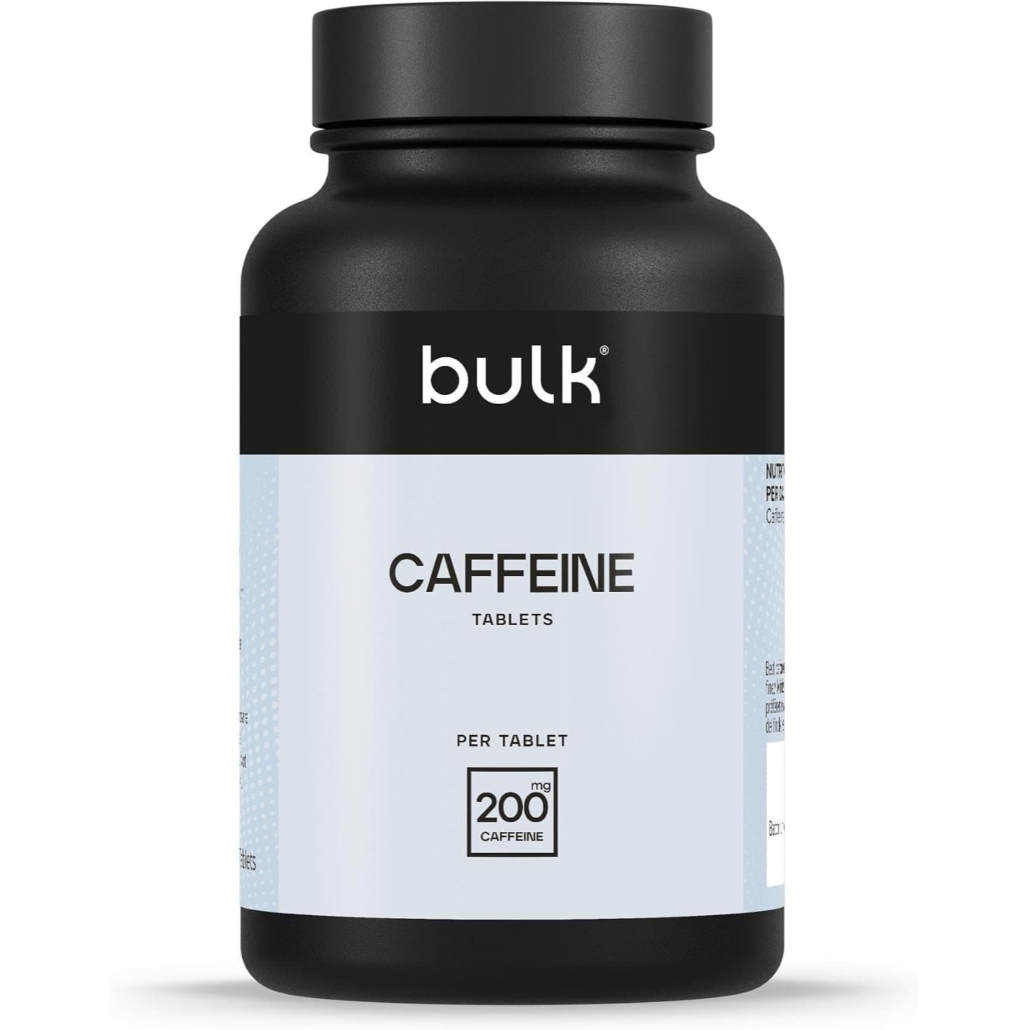 Schwarze Dose mit hellblauem Etikett, dem Logo bulk, der Aufschrift Caffeine Tablets und dem Feld 200 mg Caffeine per tablet