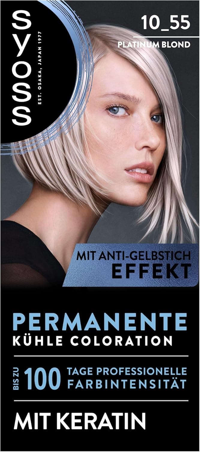 Packung der Syoss Coloration 10_55 Platinum Blond mit platinblondem Model und dem Hinweis auf den Anti-Gelbstich-Effekt