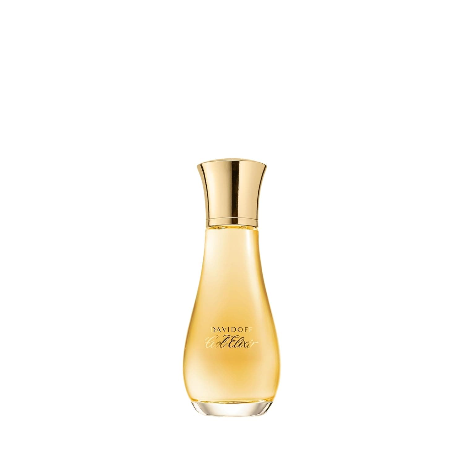 Davidoff Cool Elixir, bauchiger Flakon aus goldgelbem Glas mit goldenem Verschluss