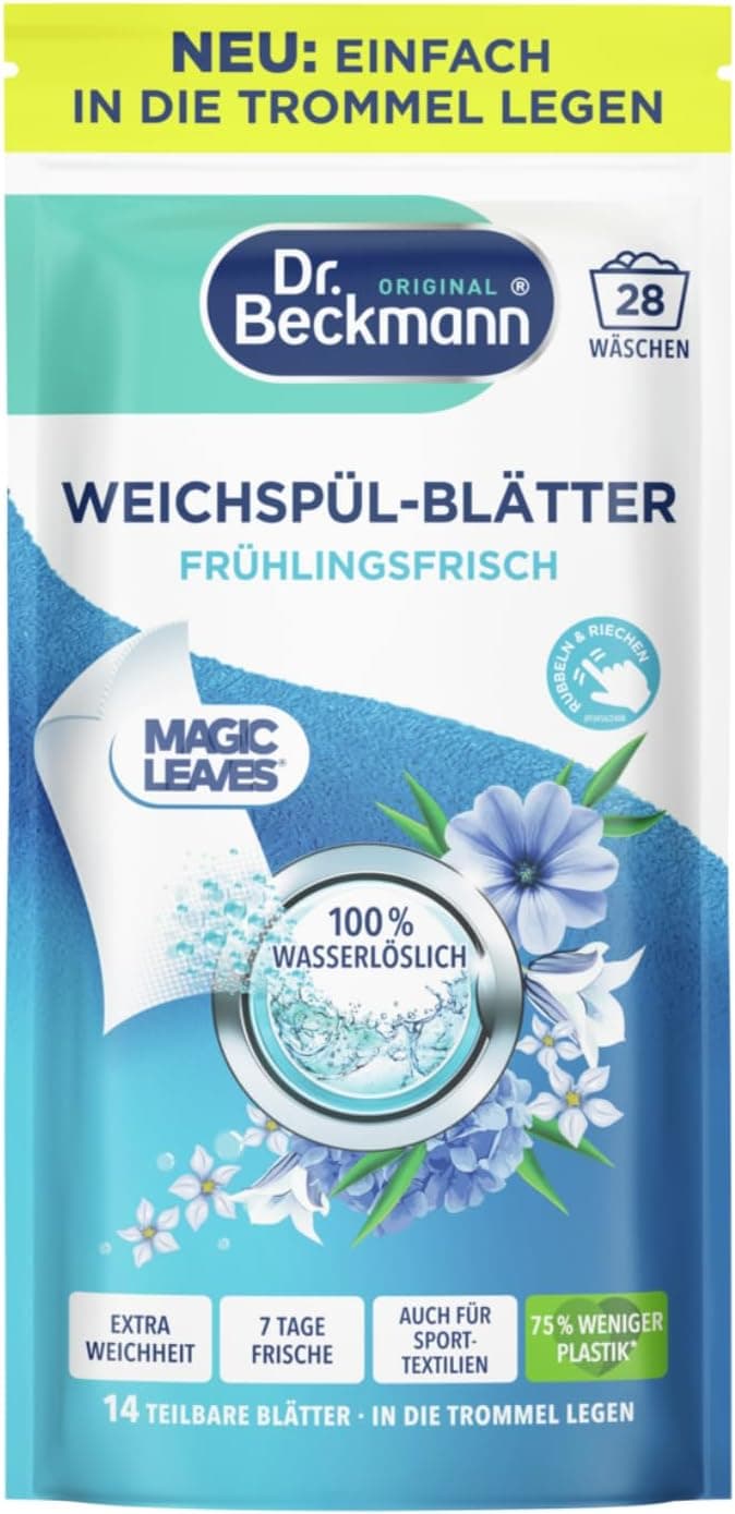 Weiß-türkiser Beutel Dr. Beckmann Weichspül-Blätter Frühlingsfrisch mit 14 teilbaren Blättern
