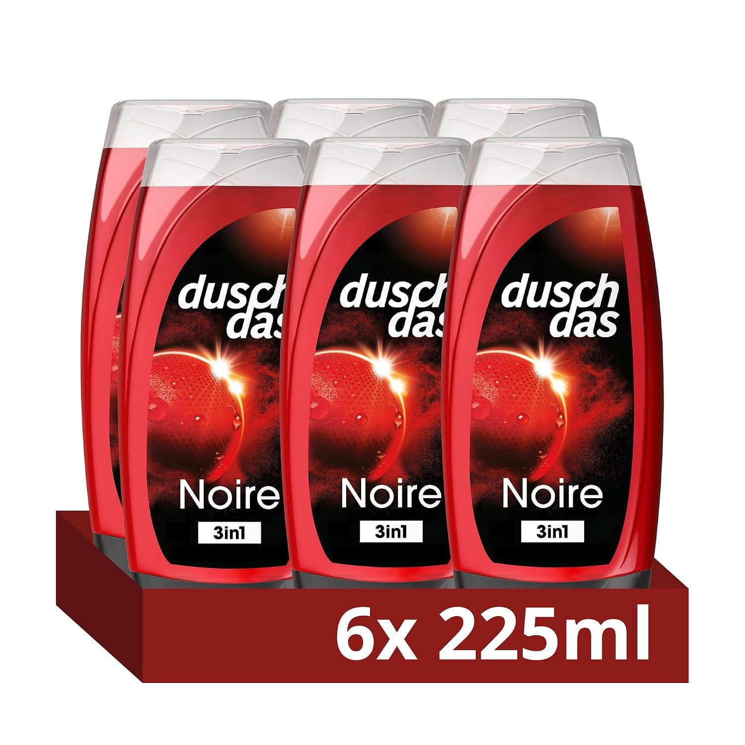 Sechs rote Duschgelflaschen im Karton, auf den Etiketten eine leuchtende rote Kugel vor schwarzem Grund, der Schriftzug duschdas, Noire, 3in1 und unten die Angabe 6 x 225 ml