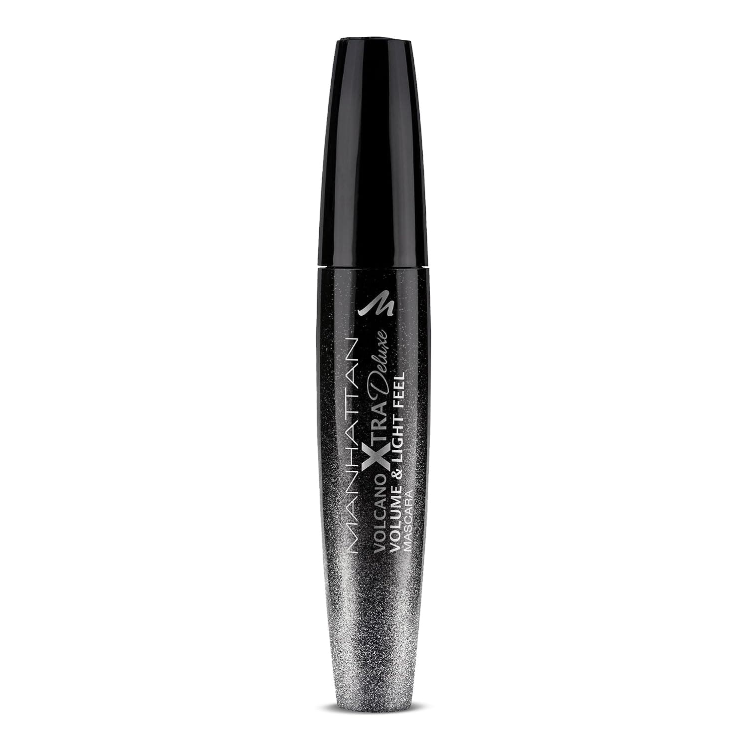 Schmale schwarze Tube der Manhattan Volcano Xtra Deluxe Mascara mit Glitzerverlauf von Silber zu Schwarz