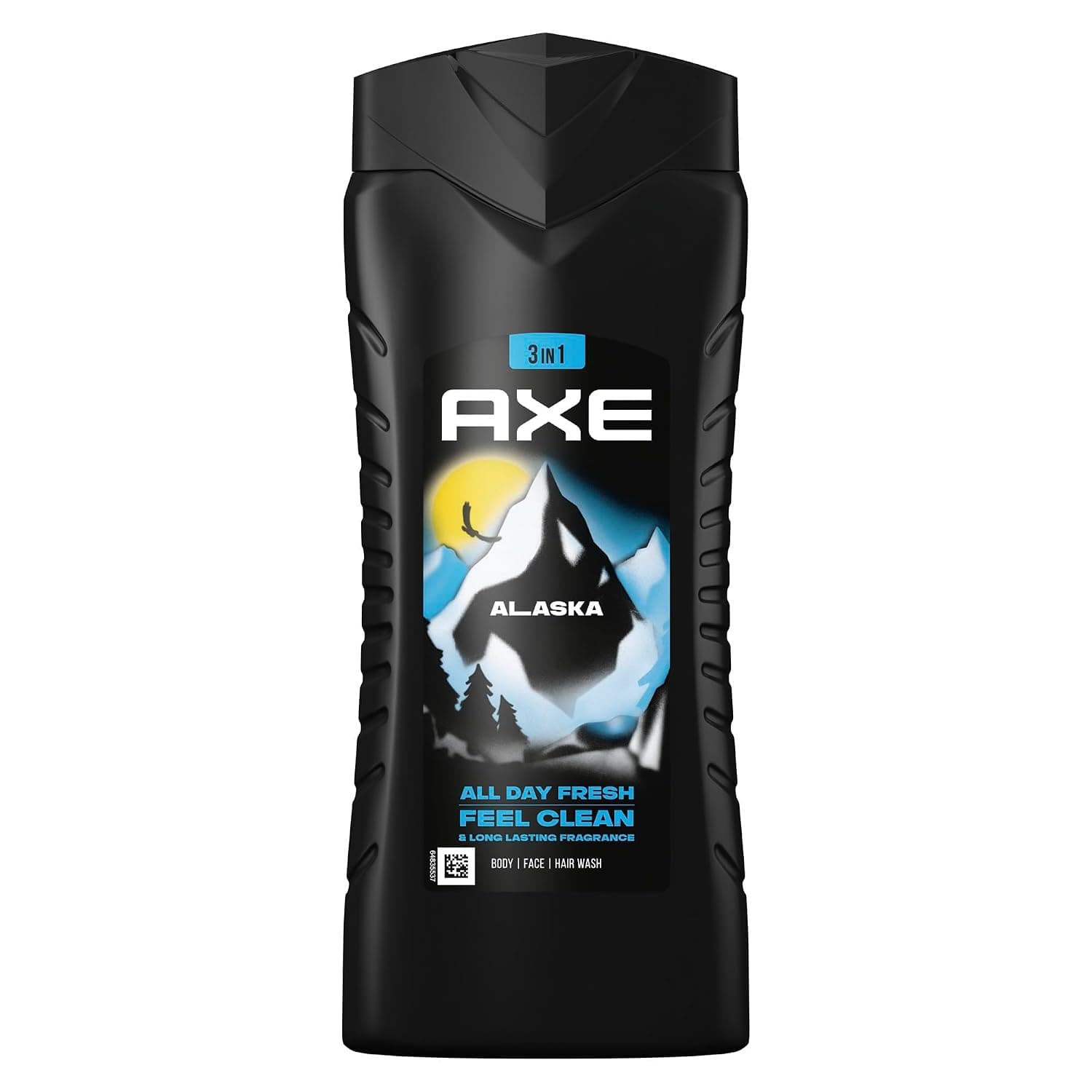 Schwarze Flasche Axe Alaska 3-in-1 Duschgel mit blauem Bergmotiv auf dem Etikett