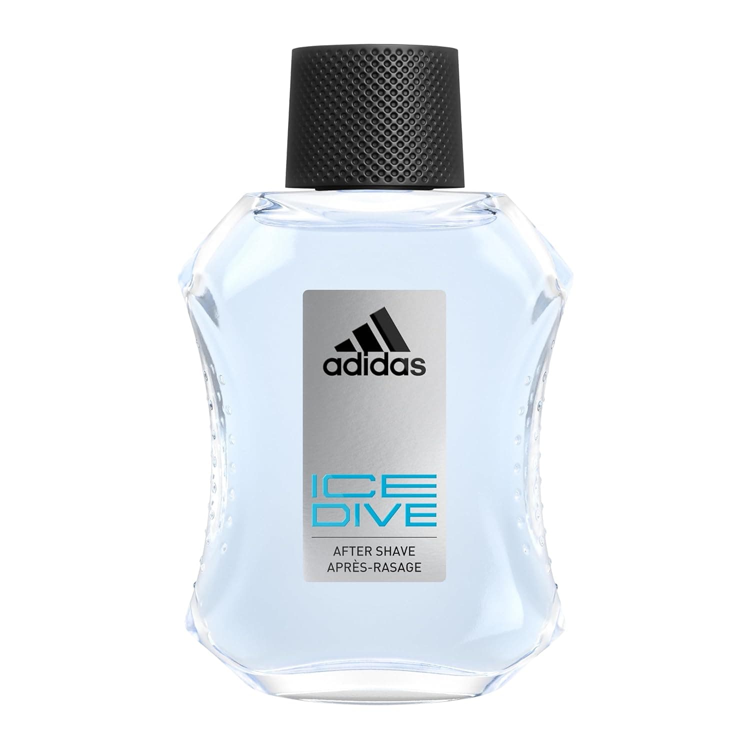 Kantiger Glasflakon mit hellblauer Flüssigkeit und schwarzem geriffeltem Verschluss, auf dem silbernen Etikett die drei Streifen, der adidas-Schriftzug, Ice Dive und die Angabe After Shave