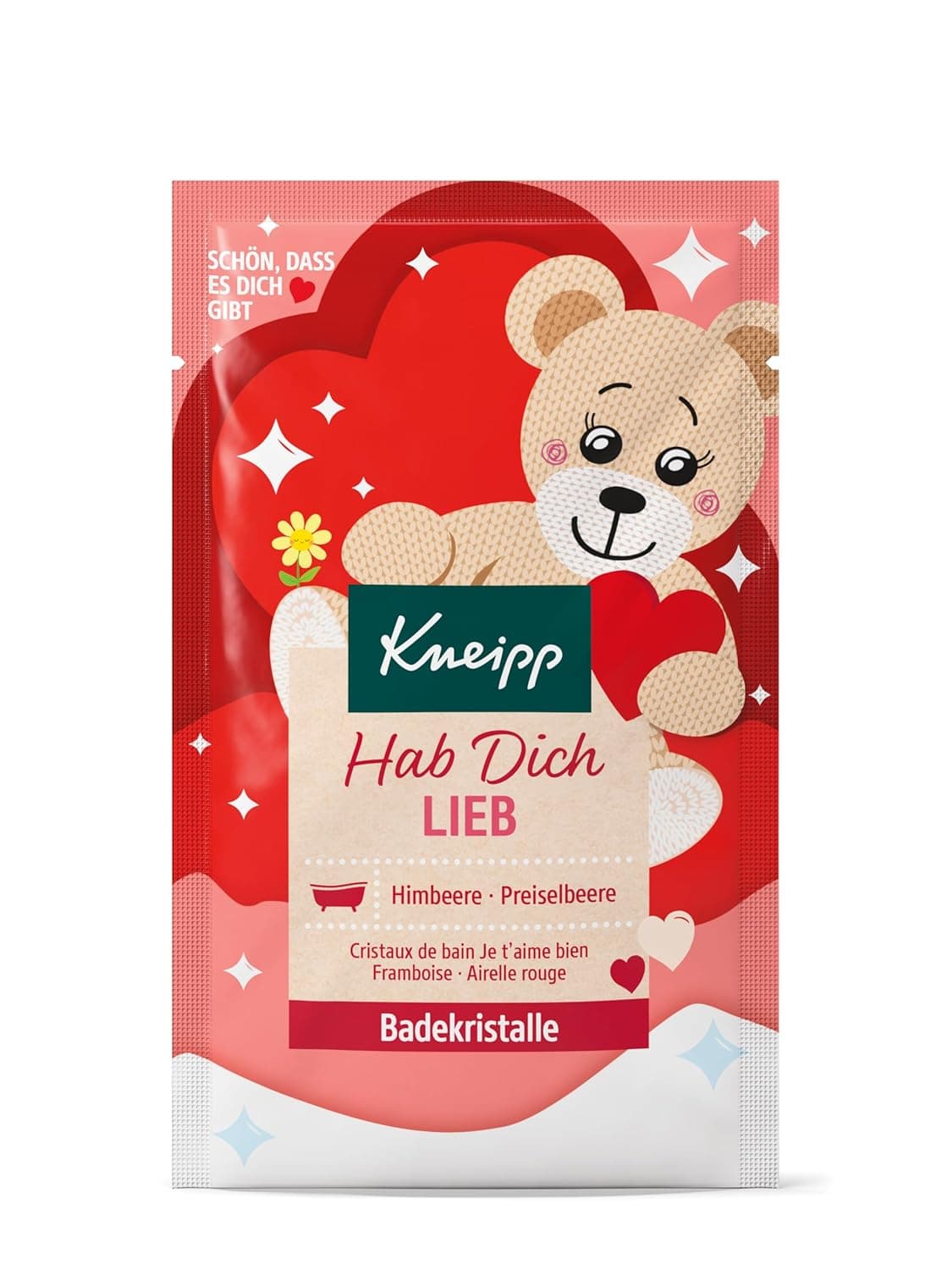 Sachet mit rotem Herz und einem gezeichneten Teddybären, oben die Zeile schön, dass es dich gibt, in der Mitte das grüne Kneipp-Logo, darunter die Felder Hab Dich Lieb, Himbeere und Preiselbeere sowie Badekristalle