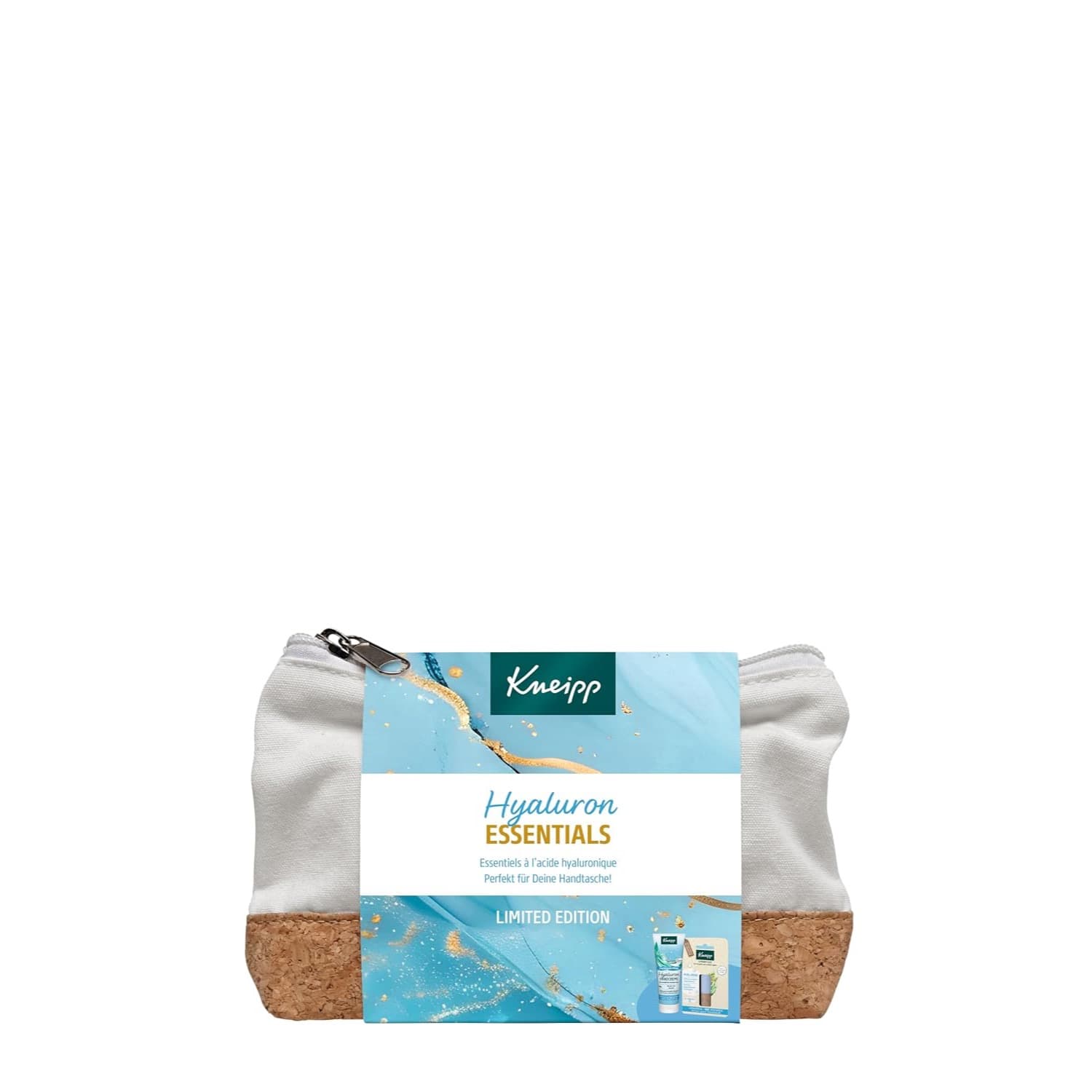 Weiße Stofftasche mit Korkboden und Reißverschluss, Banderole mit der Aufschrift Kneipp Hyaluron Essentials und Limited Edition