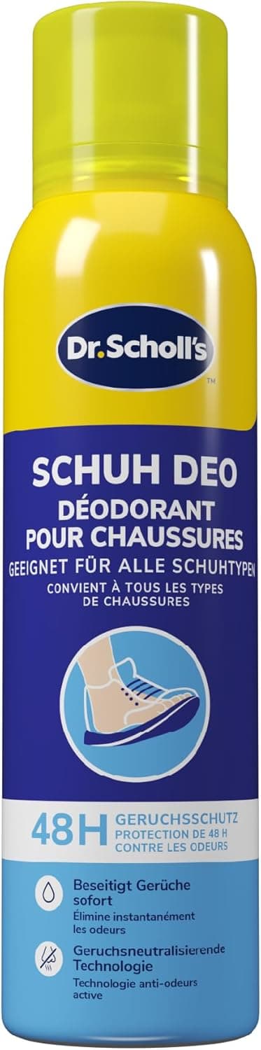 Gelb-blaue Aerosoldose mit grüner Kappe, Aufschrift Dr. Scholl's Schuh Deo, geeignet für alle Schuhtypen, 48 h Geruchsschutz, beseitigt Gerüche sofort und geruchsneutralisierende Technologie, daneben die Zeichnung eines Sneakers