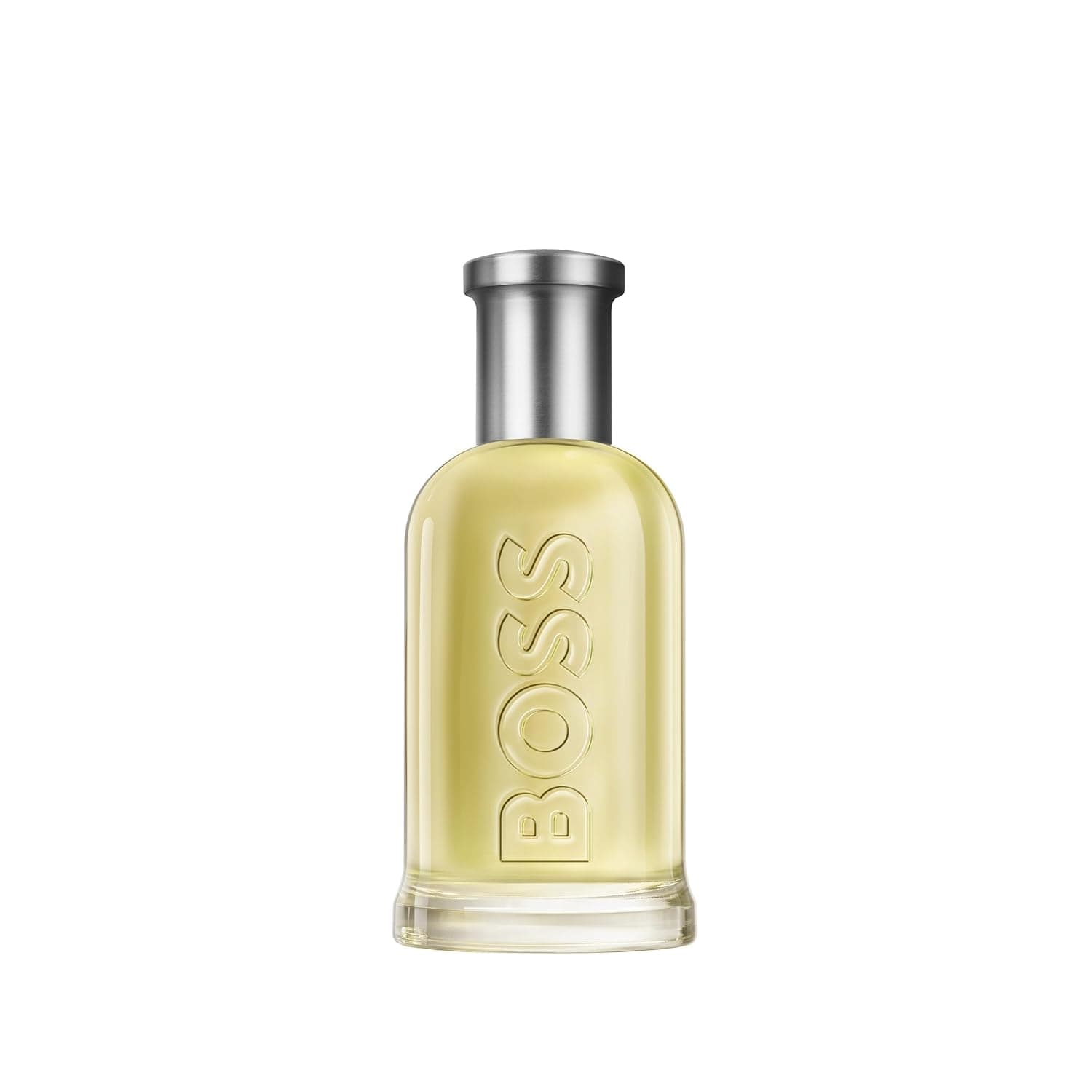 Flakon von Hugo Boss Bottled Eau de Toilette mit hellgelbem Duft und silbernem Verschluss
