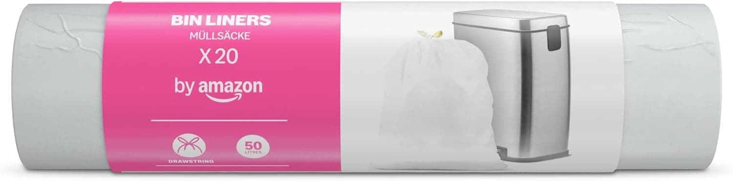 Rolle mit weißen by Amazon Müllbeuteln in pinker Banderole mit der Aufschrift Bin Liners und der Angabe 20 Stück zu je 50 Litern