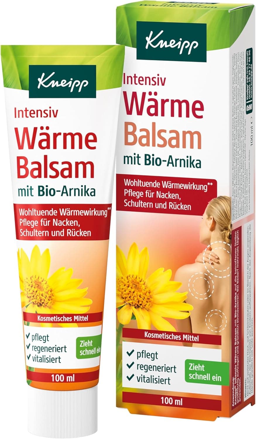 Weiße Kneipp-Tube Intensiv Wärme Balsam mit Bio-Arnika neben der Faltschachtel, beide mit gelber Arnikablüte und der Angabe 100 ml
