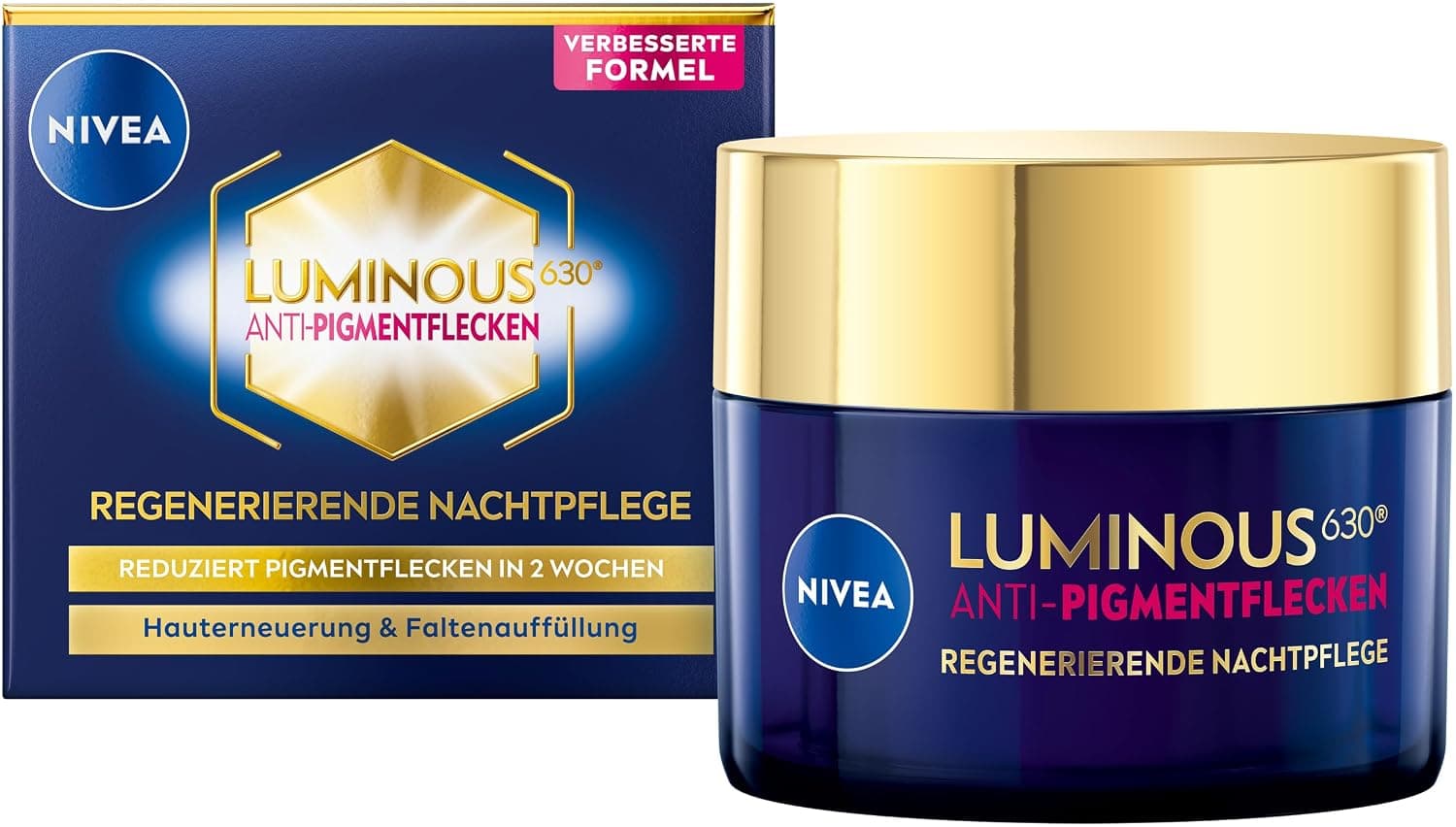 Dunkelblaue NIVEA Luminous630 Faltschachtel mit goldenem Emblem und pinkem Schriftzug, daneben der dunkelblaue Cremetiegel mit goldenem Deckel