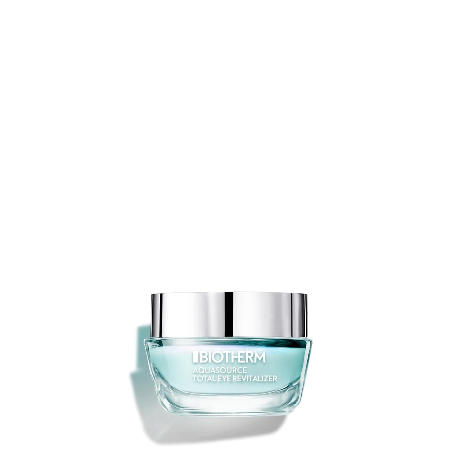 Kleiner Glastiegel Biotherm Aquasource Total Eye Revitalizer mit silbernem Deckel und hellblauer Creme