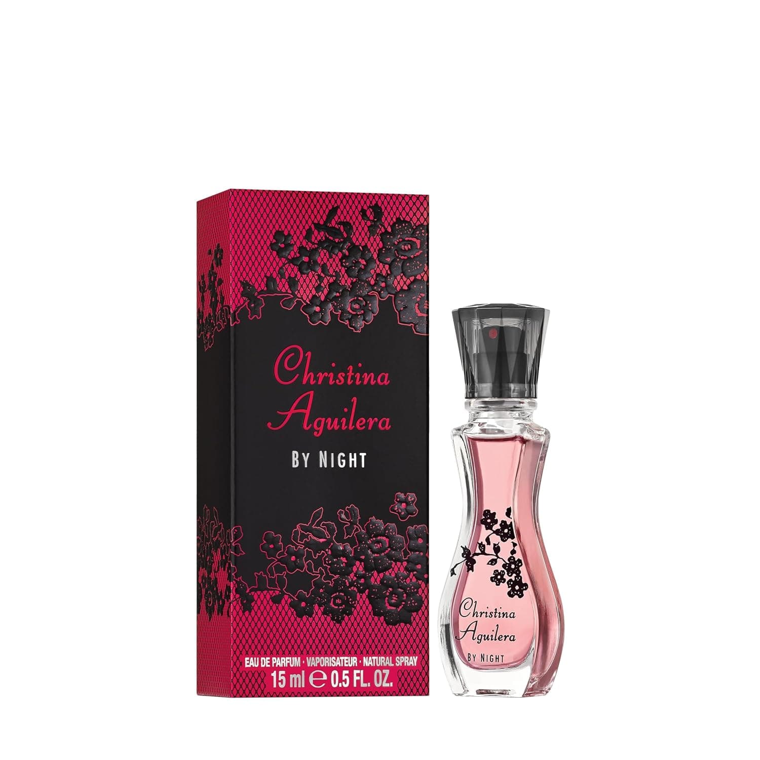 Geschwungener Glasflakon mit rosa Flüssigkeit, schwarzem Facettendeckel und schwarzem Blütenmotiv, daneben die pink-schwarze Faltschachtel mit Spitzenmuster, Aufschrift Christina Aguilera By Night, Eau de Parfum, 15 ml