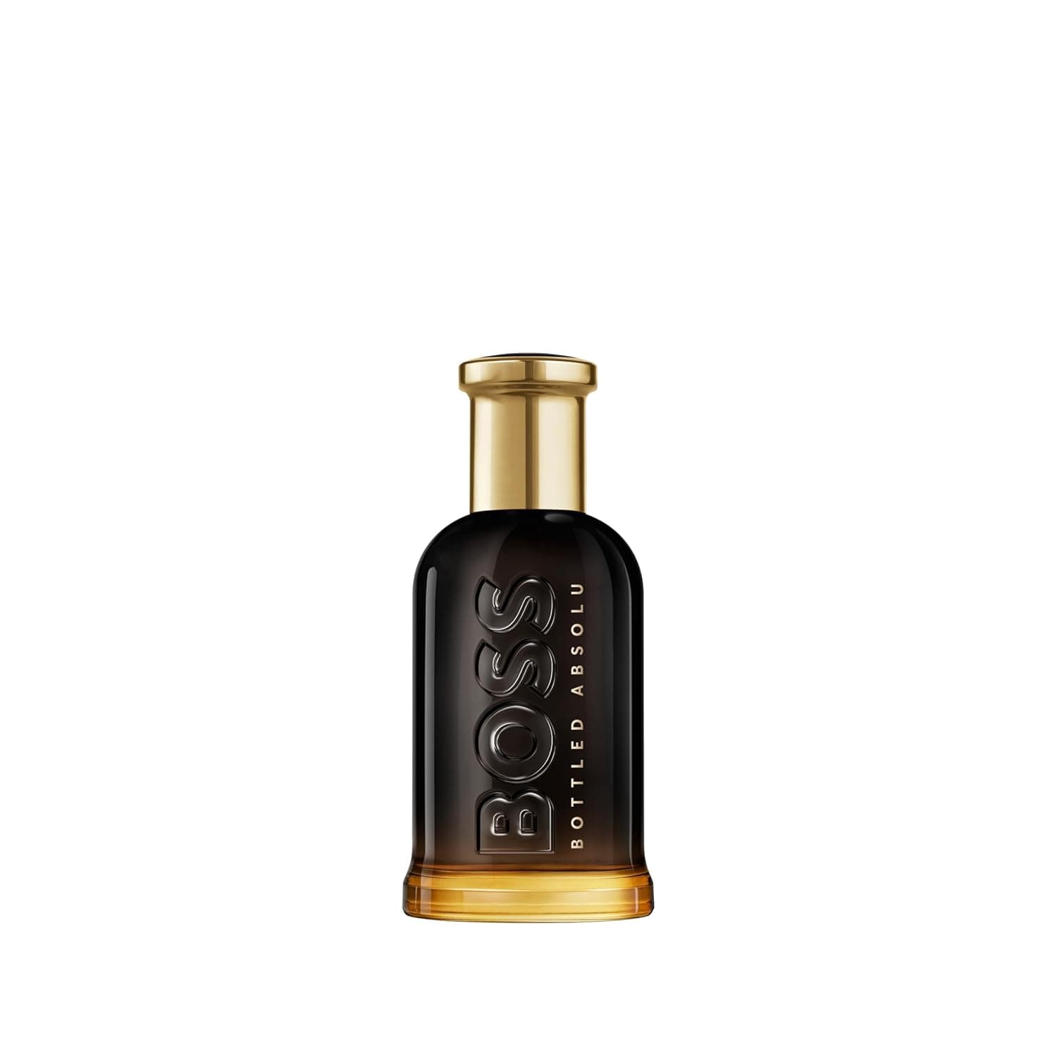 Dunkelbrauner Glasflakon mit goldenem Verschluss und goldenem Boden, darauf der geprägte Schriftzug BOSS und seitlich die Zeile BOTTLED ABSOLU
