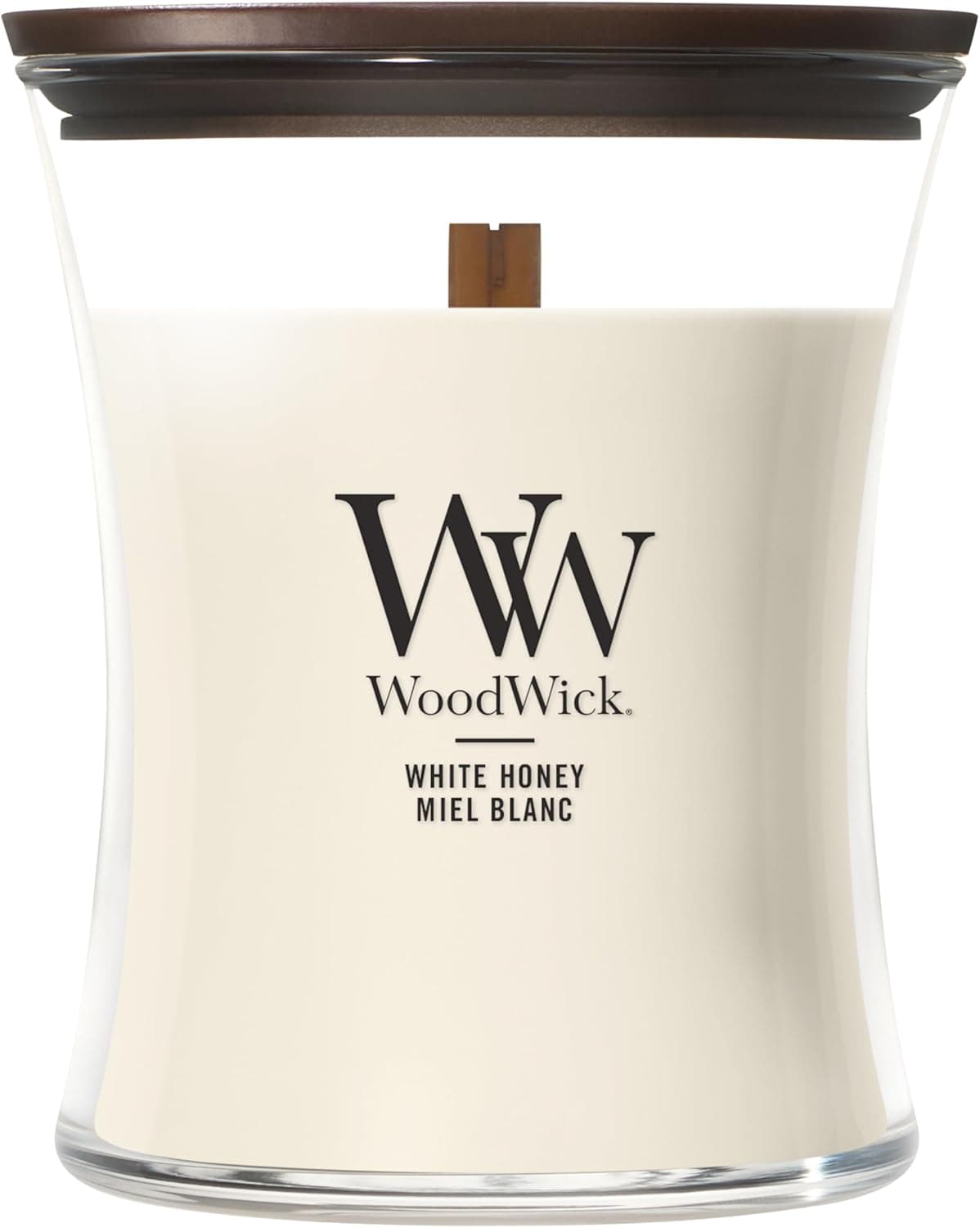 Cremefarbene WoodWick Duftkerze im Sanduhrglas mit dunklem Holzdeckel und der Aufschrift White Honey