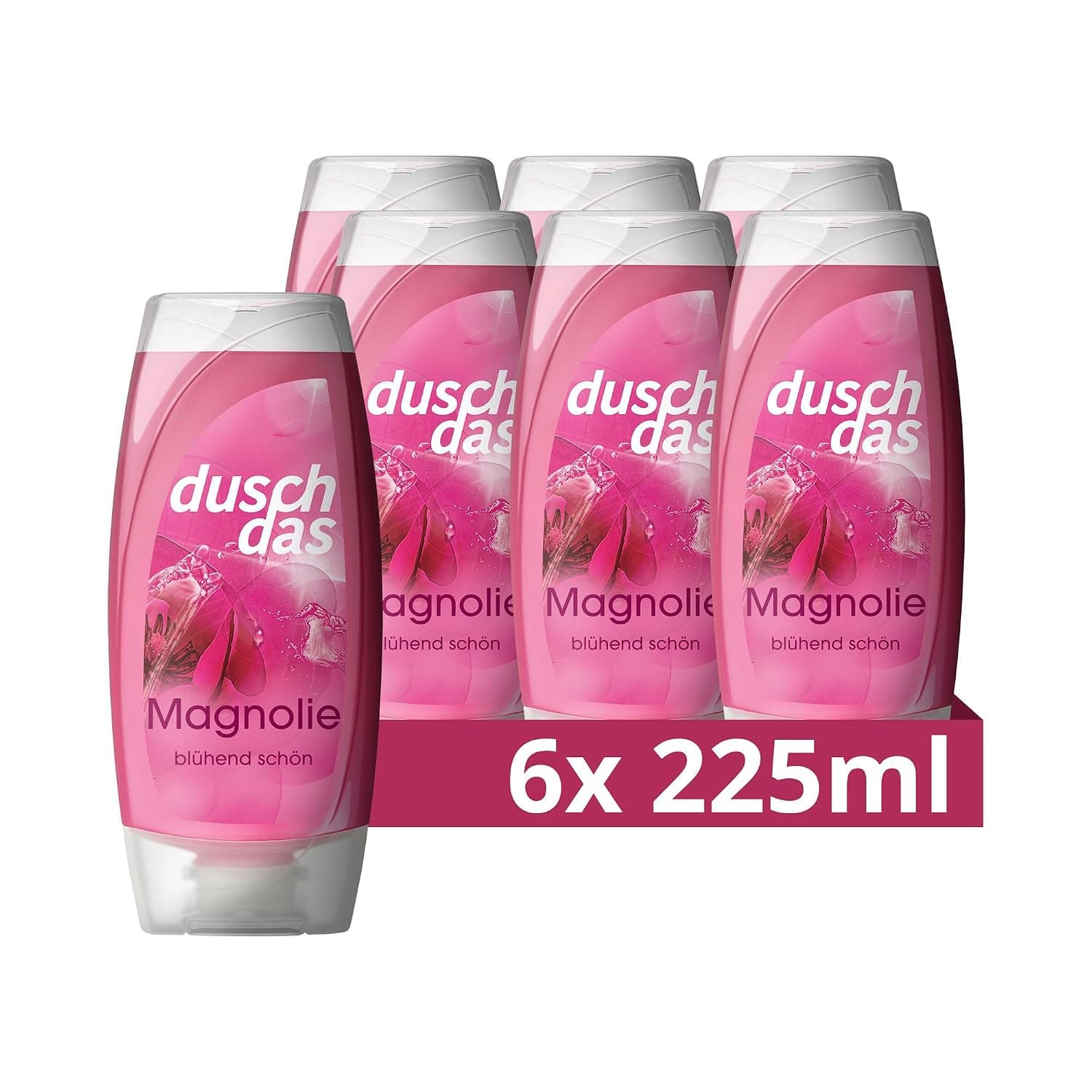 Sechs pinkfarbene Flaschen Duschdas Duschgel Magnolie mit je 225 Millilitern, eine davon vorne stehend