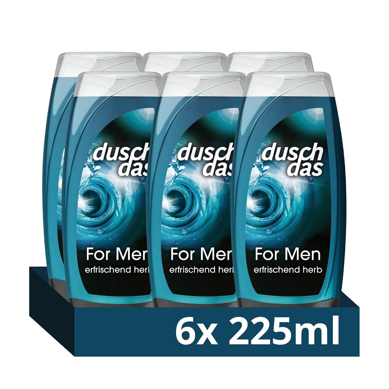 Sechs blaue Flaschen Duschdas For Men 3in1 Duschgel, hintereinander gestaffelt