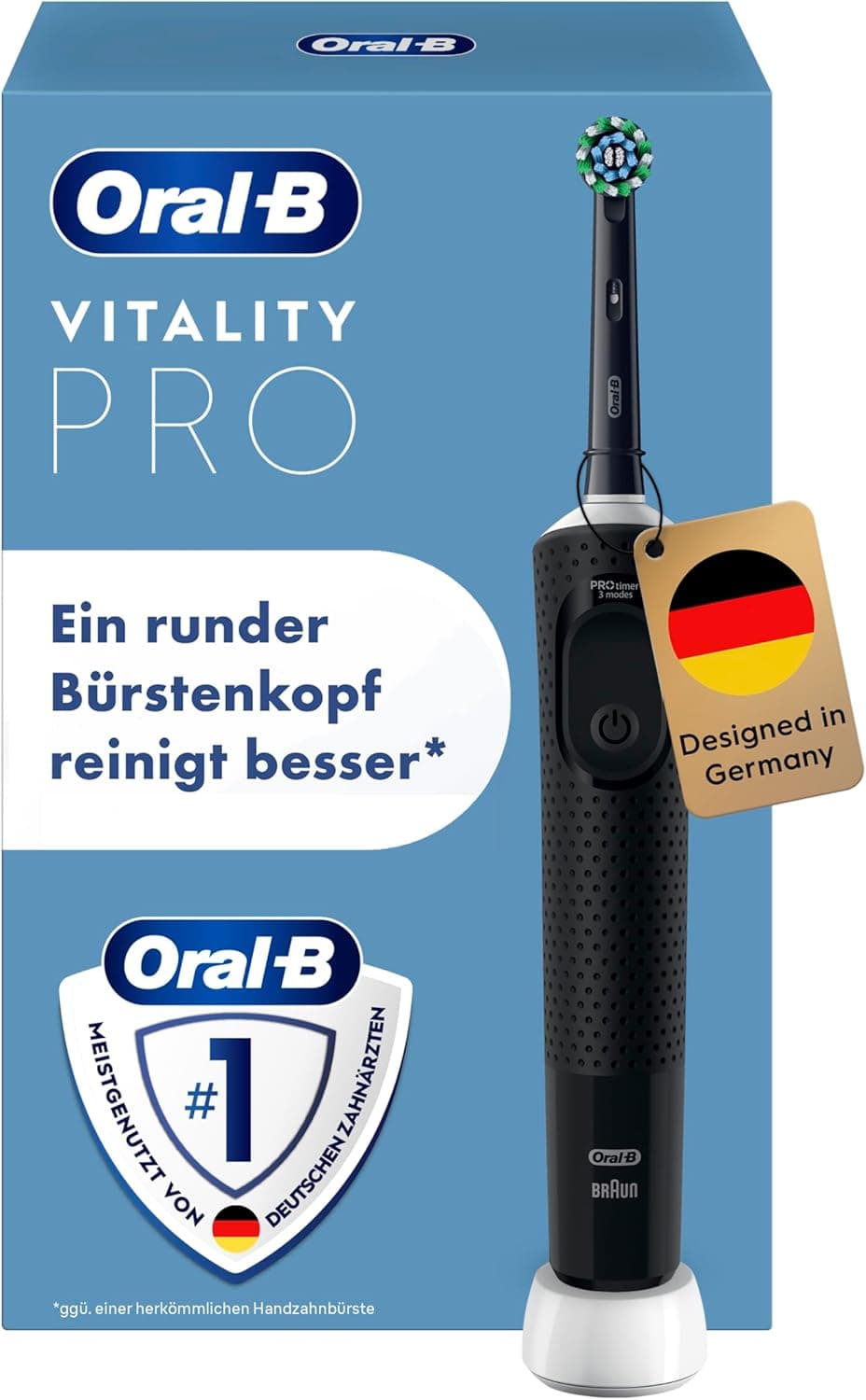 Blaue Verpackung der Oral-B Vitality Pro mit schwarzer elektrischer Zahnbürste, Ladestation und rundem Bürstenkopf