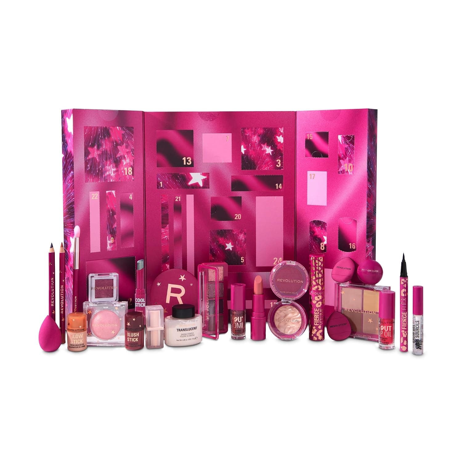Pinkfarbener Adventskalender mit nummerierten Türchen und Glitzergrafik, davor aufgereiht Lippenstifte, Paletten, loser Puder, Mascara, Pinsel und Schwämmchen