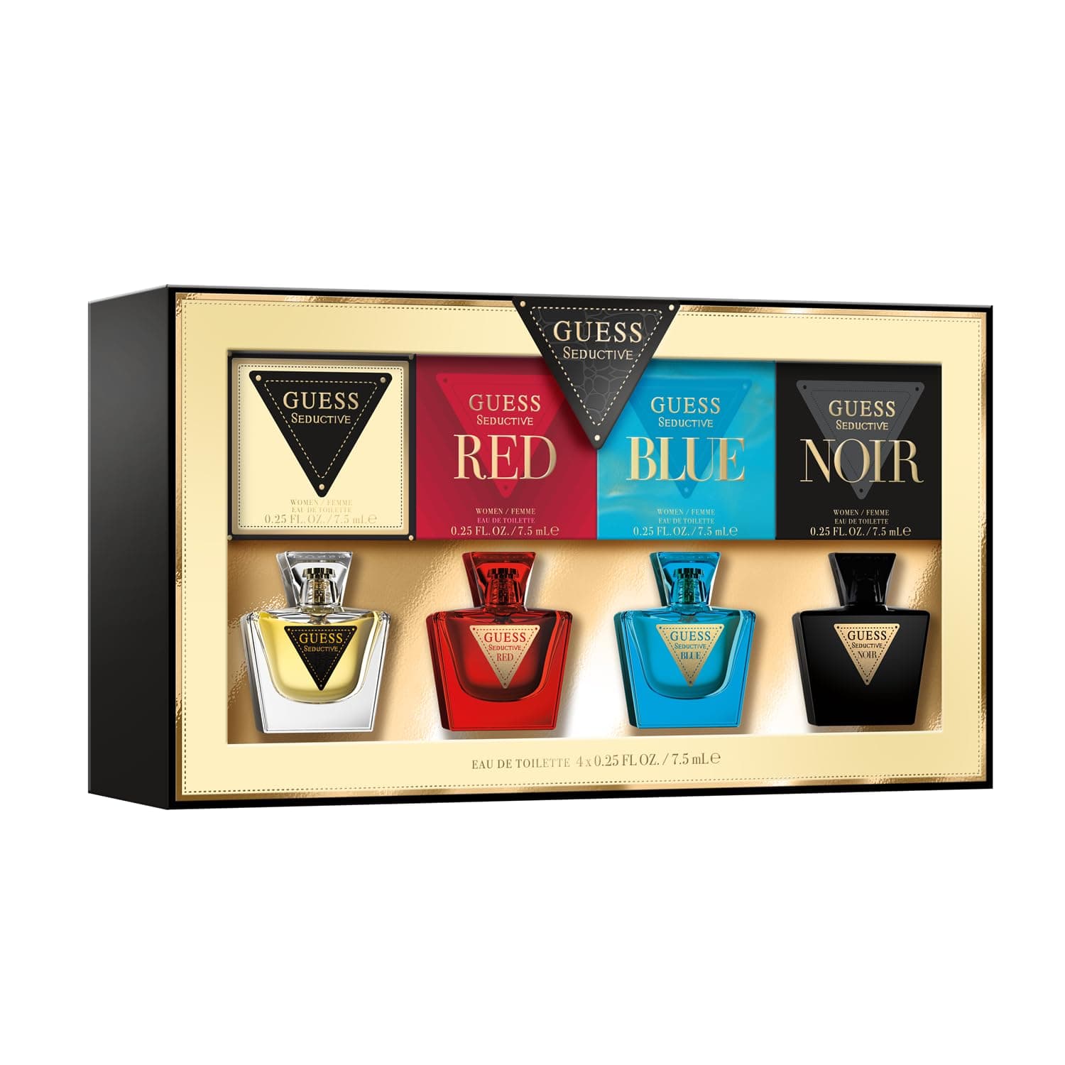 Schwarz-goldene Geschenkschachtel mit Sichtfenster, darin vier kleine Flakons in Gelb, Rot, Türkis und Schwarz mit den Aufschriften GUESS Seductive, Red, Blue und Noir