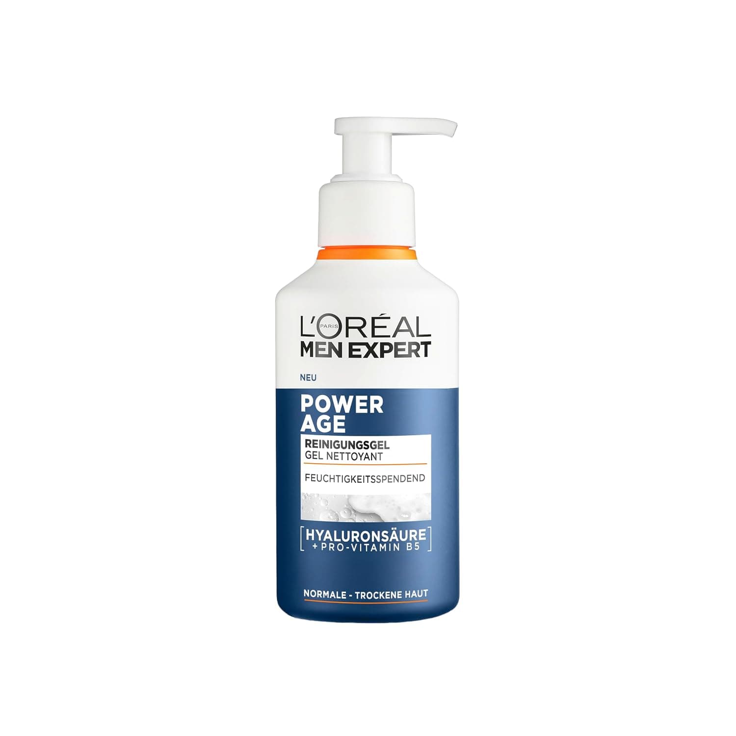 Weiße Pumpflasche mit blauem Etikett, der Aufschrift L'Oréal Men Expert Power Age Reinigungsgel und dem Zusatz Hyaluronsäure und Pro-Vitamin B5